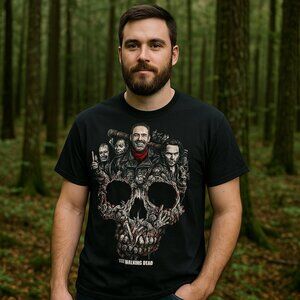 AMC The Walking Dead 2016 Graphic Tee Collage of Cast in Skull Black